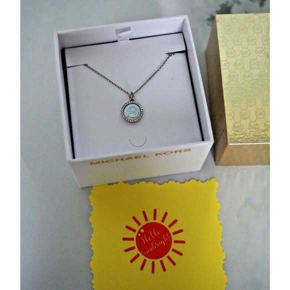 Michael Kors Iconic Cut-Out MK Logo w/ Crystals Pendant Necklace Silver New Tg - Picture 8 of 8